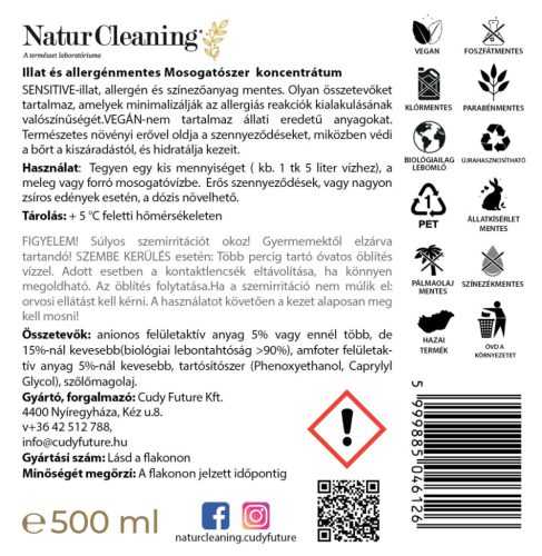 NaturCleaning Mosogatószer koncentrátum 500 ml pumpás - sensitive illat és allergénmentes